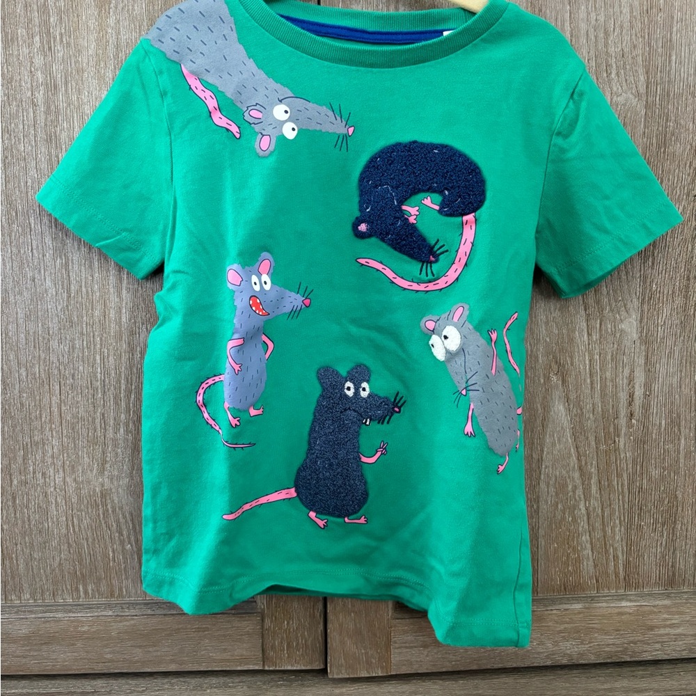 Mini Boden Green Tee with Playful Rat Prints